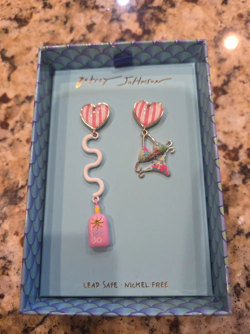 Betsey Johnson Pink Stripe Heart Dangle Earrings with Multicolor Bikini Charm